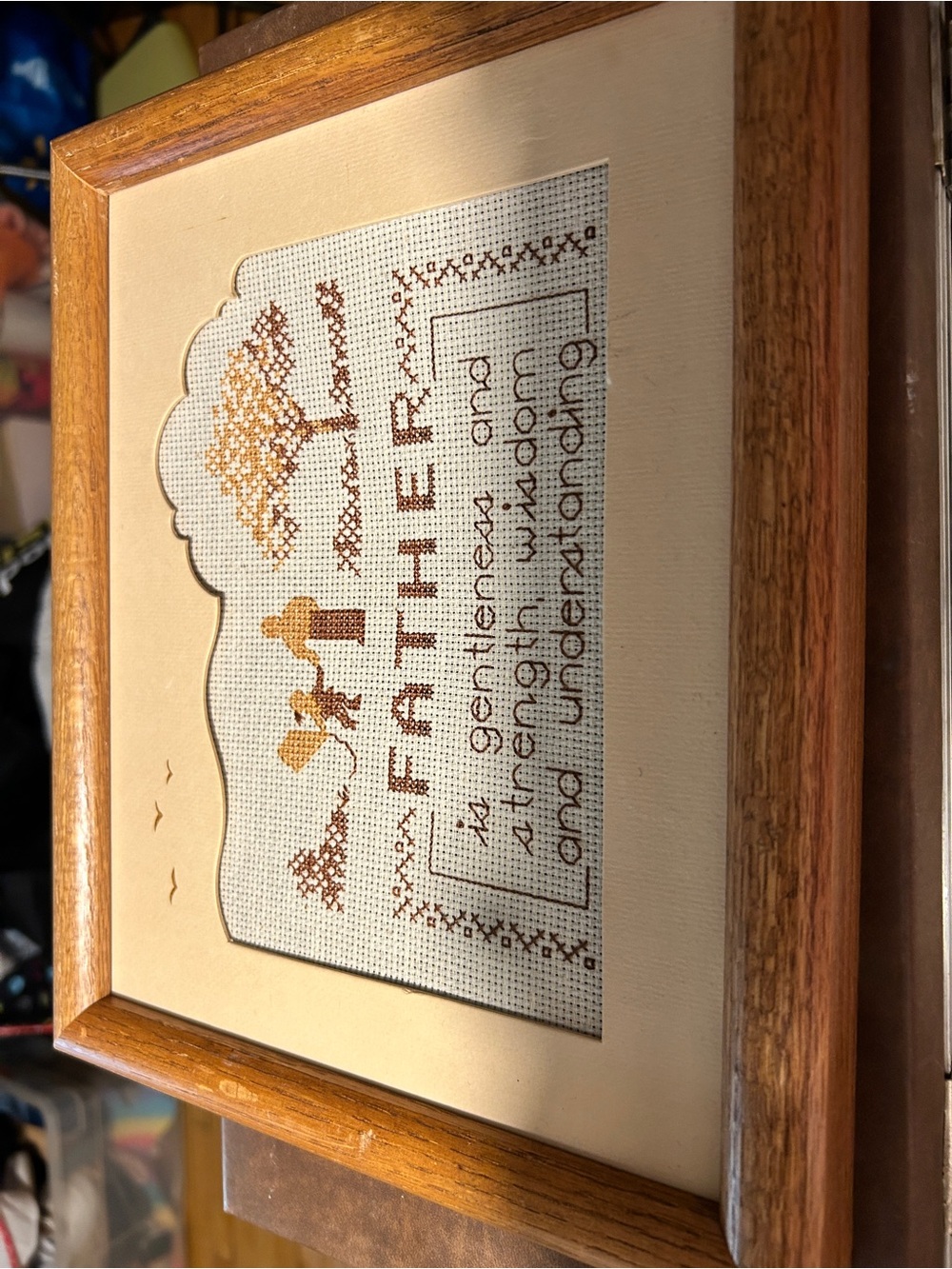 Framed 'Father' Cross-Stitch Wall Art in Brown and Cream